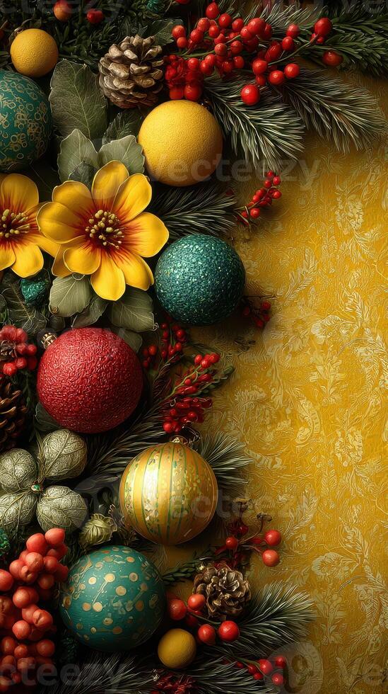 Colorful Christmas decorations and rustic elements create a festive atmosphere with vibrant flowers and ornaments photo
