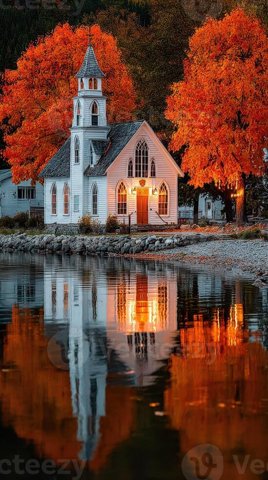 Charming white church reflected in calm waters surrounded by vibrant autumn foliage in a peaceful lakeside setting photo