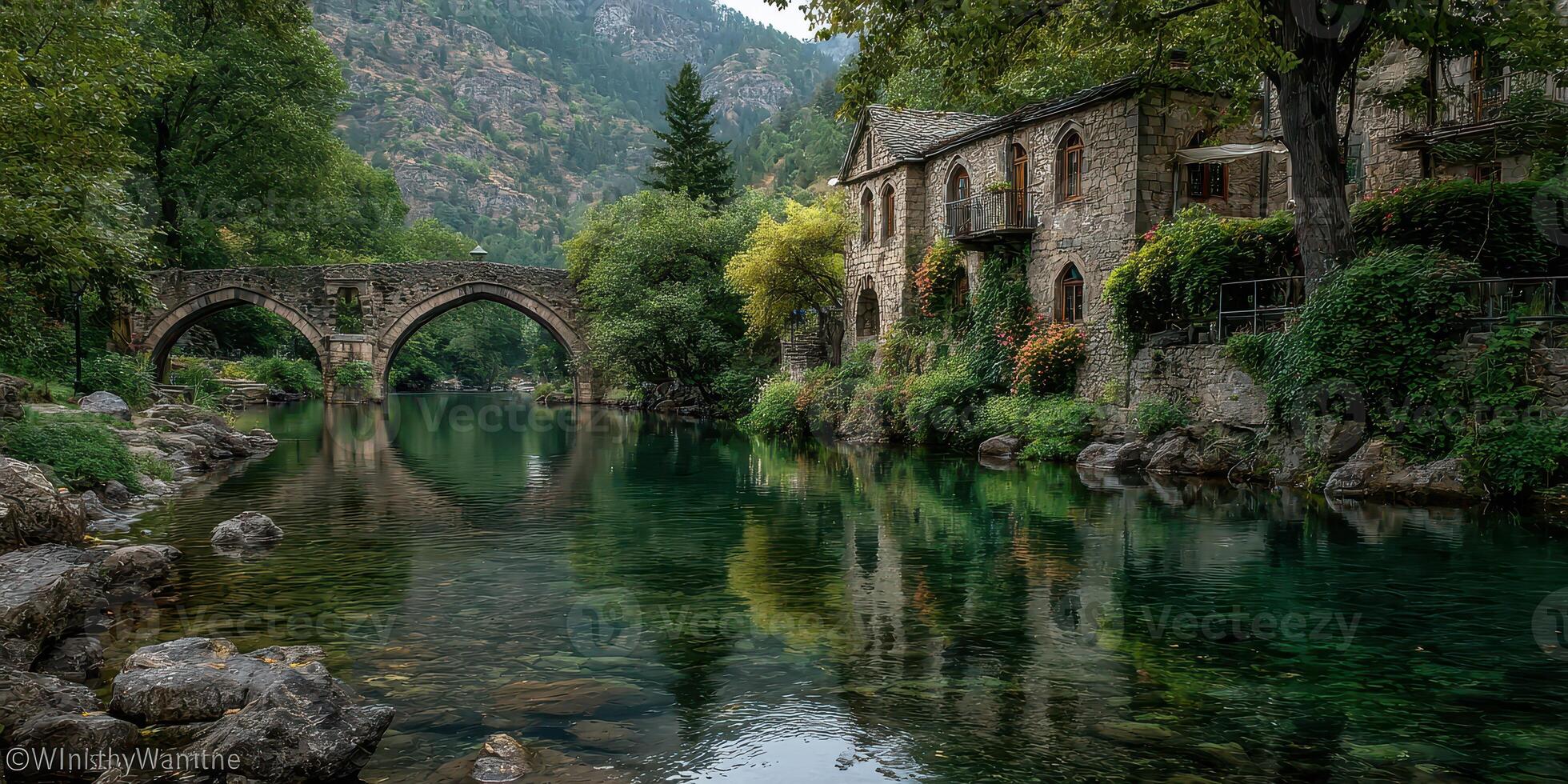 Serene landscape featuring an ancient stone bridge and traditional buildings by a tranquil river in early autumn photo
