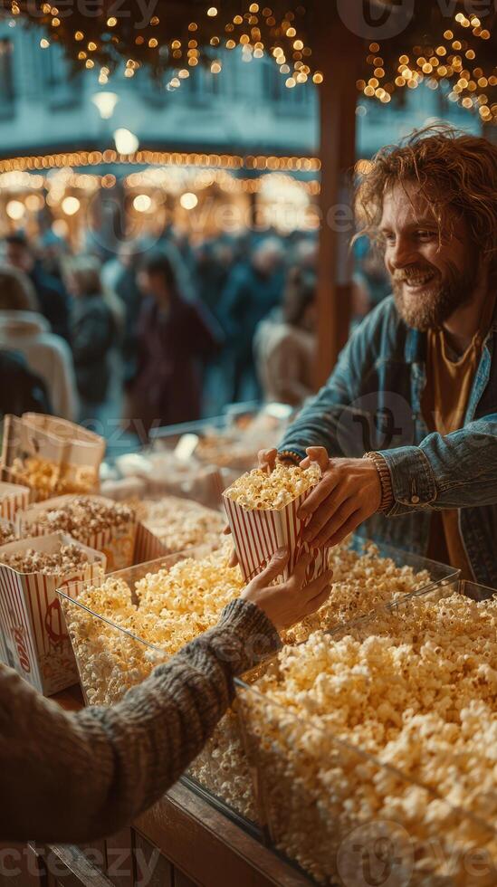 Man serving popcorn at a bustling outdoor market during the evening hours with festive lights photo