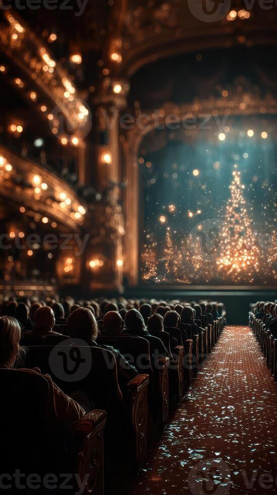 Audience enjoys a festive performance in an ornate theater with twinkling lights and a beautifully decorated Christmas tree photo