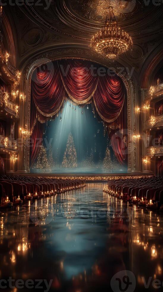 Elegant theater interior with lavish decor and reflections in water during a festive evening photo