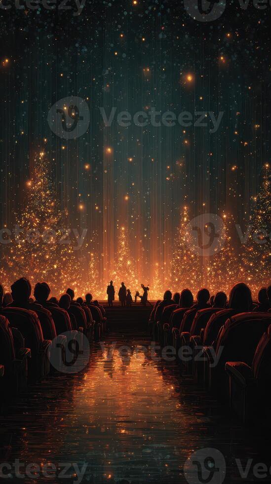 Admiring a stunning holiday performance with sparkling lights and festive decorations at a theater in the evening photo