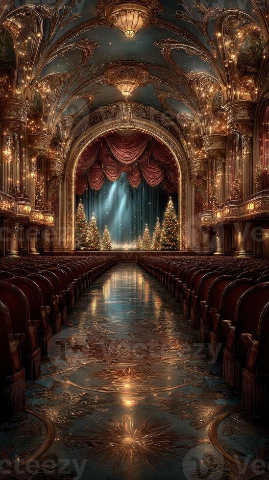 Elegant theater interior adorned with holiday decorations during a festive event in a grand setting photo