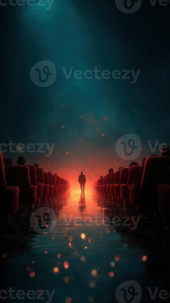 Mysterious figure stands alone in a dark theater illuminated by a glowing ambiance at night photo