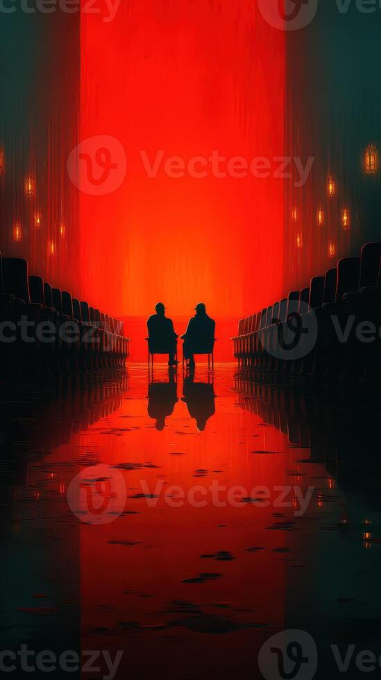 Two figures seated in shadows before a glowing red backdrop in a dimly lit hall at twilight photo