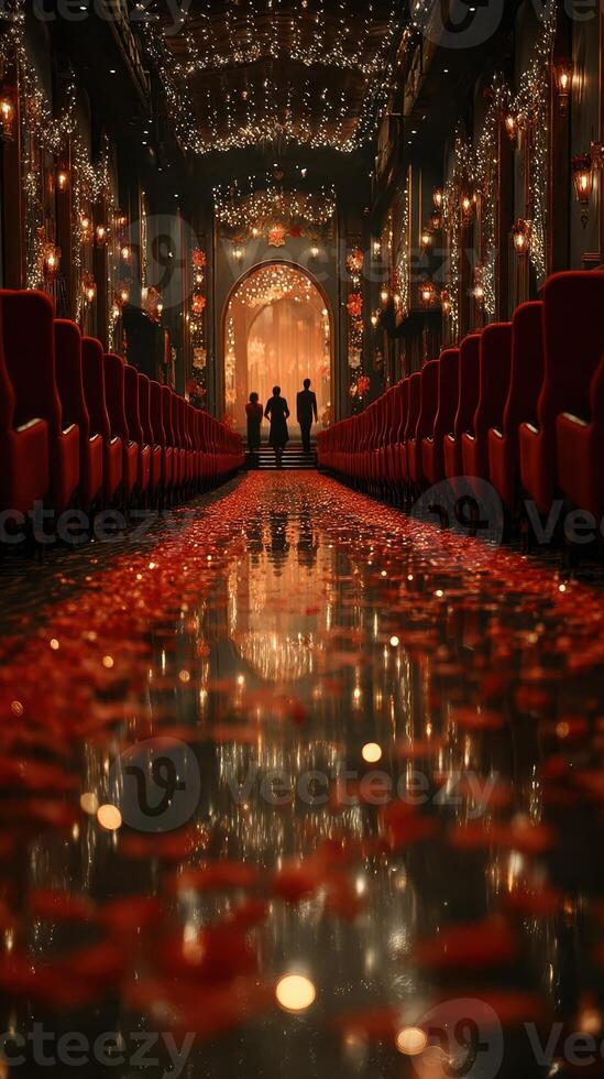 Elegant venue adorned with rose petals and warm lights during a celebration at night photo