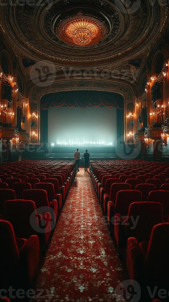 Beautiful vintage theater interior with two viewers exploring before the show starts photo
