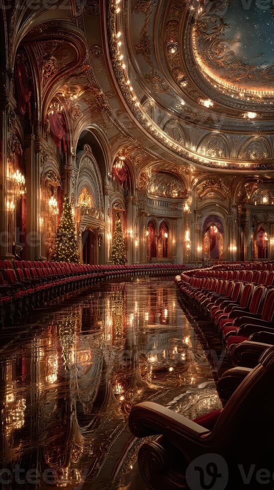 Elegant theater interior decorated for the holidays with festive lights and reflections on polished floors during winter evening photo