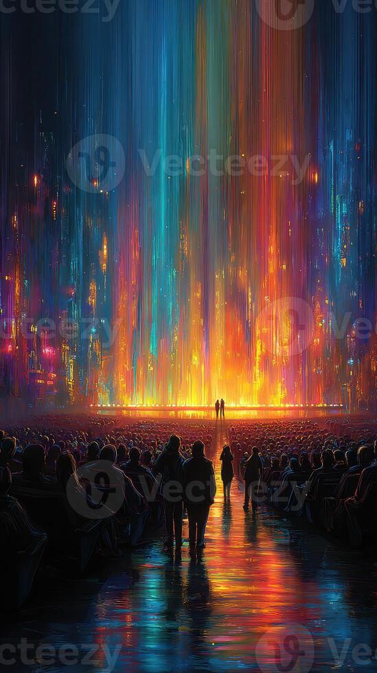 Colorful light display captivates audience at an art event in a modern venue during the evening hours photo