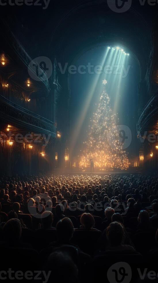 Crowd enjoys a festive performance in a theater illuminated by a sparkling Christmas tree during the holiday season photo
