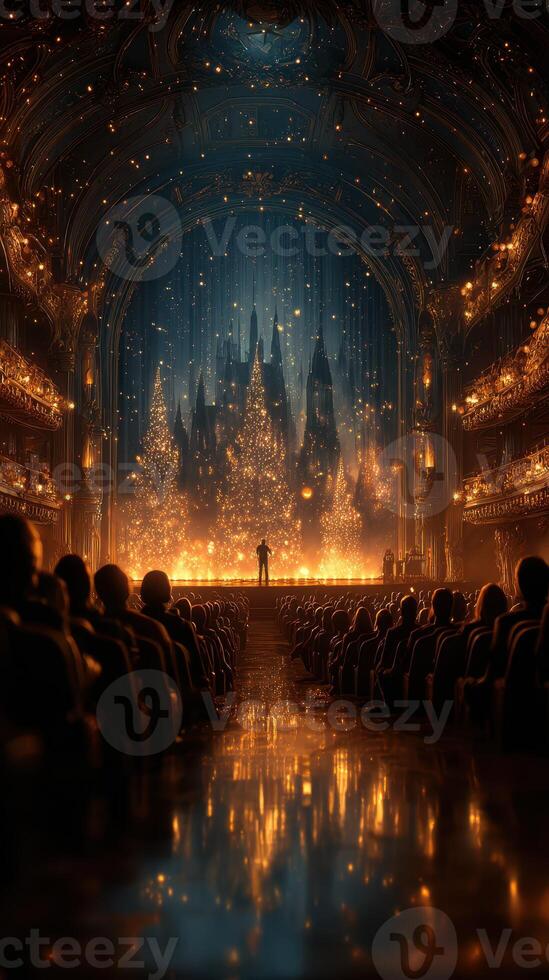 Majestic theater performance with glowing lights and festive decorations in a grand setting photo