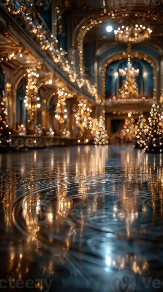 Grand hall adorned with festive lights and Christmas trees during the holiday season in a luxurious venue photo