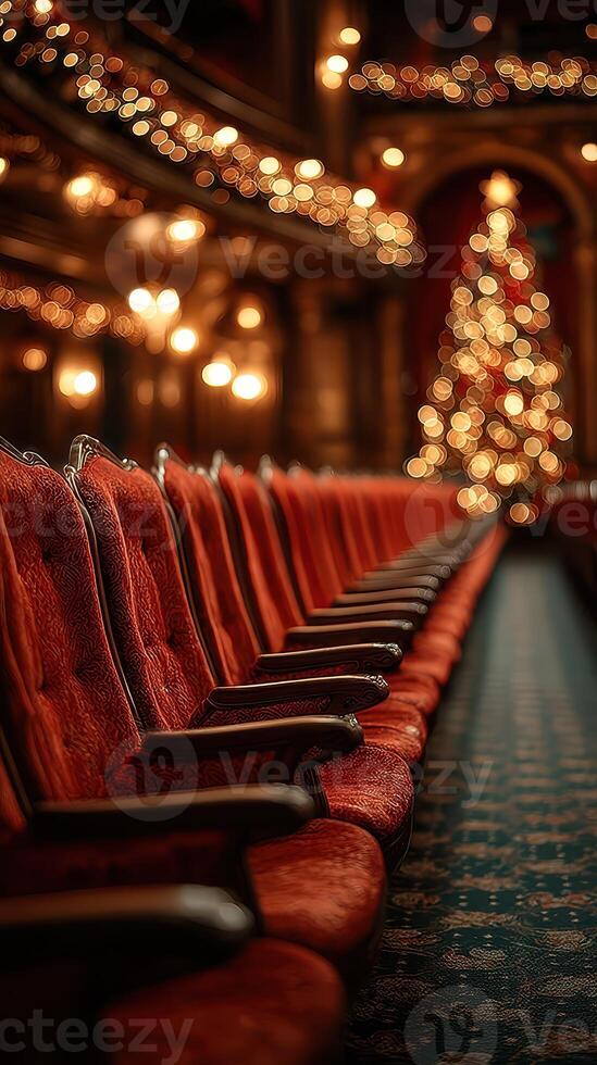 Elegant red theatre seats line the aisle adorned with soft lights and a sparkling Christmas tree during a festive evening event photo