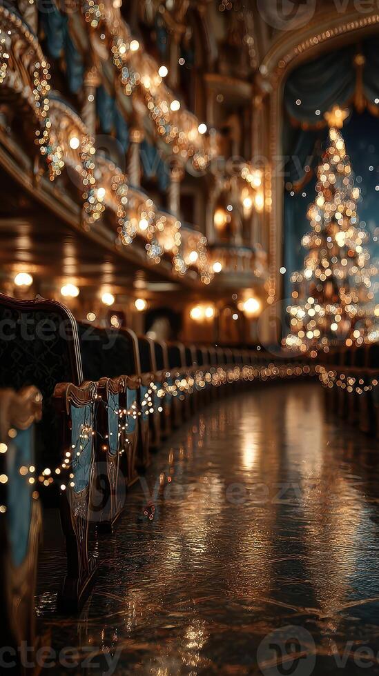 Elegant theater interior adorned with festive decorations and a Christmas tree in a beautiful winter setting during evening hours photo