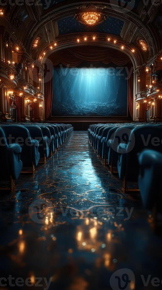 Elegant vintage theater interior with empty blue seats and a captivating illuminated stage awaiting a performance photo
