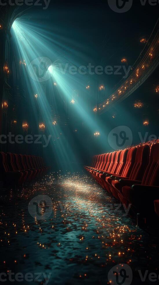 Mysterious theater interior with shafts of light and empty red seats creating a dramatic atmosphere photo