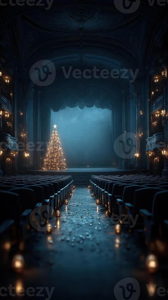 Enchanted theater interior with a Christmas tree and warm light creating a festive atmosphere photo