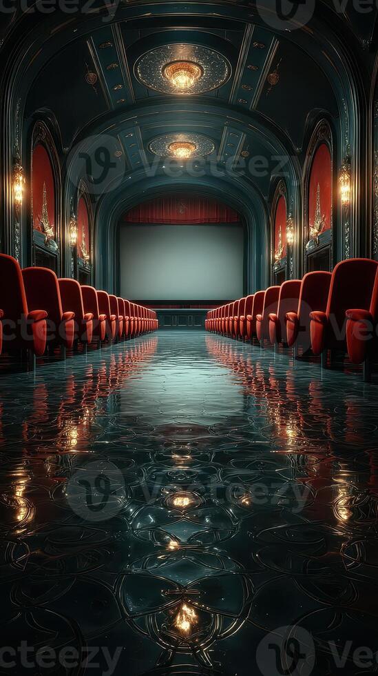 Elegant theater interior with red seating and polished floor reflecting chandelier lights in a quiet setting photo