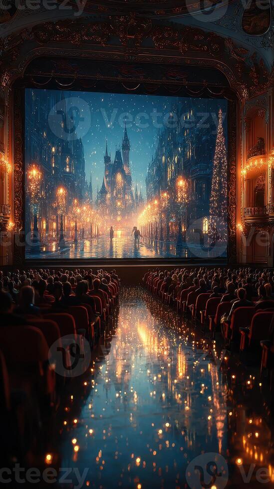 Spectacular winter night at a grand theater showcasing a magical snowy cityscape illuminated by festive lights photo