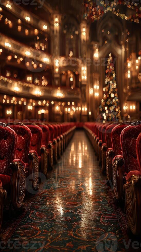 Elegant theater interior decorated for the holidays with Christmas tree and ornate seating arrangement photo
