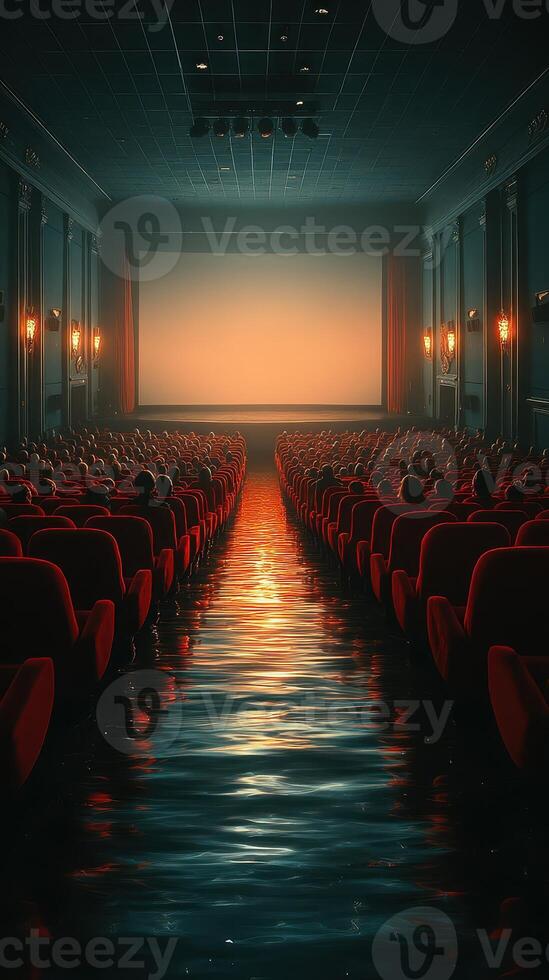 Empty cinema with rows of red seats reflecting light on water surface at sunset photo