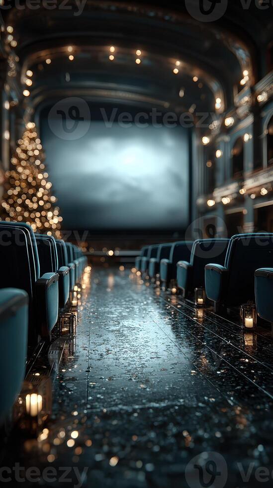 Beautifully decorated theater with a Christmas tree and glowing lanterns during a festive film event photo