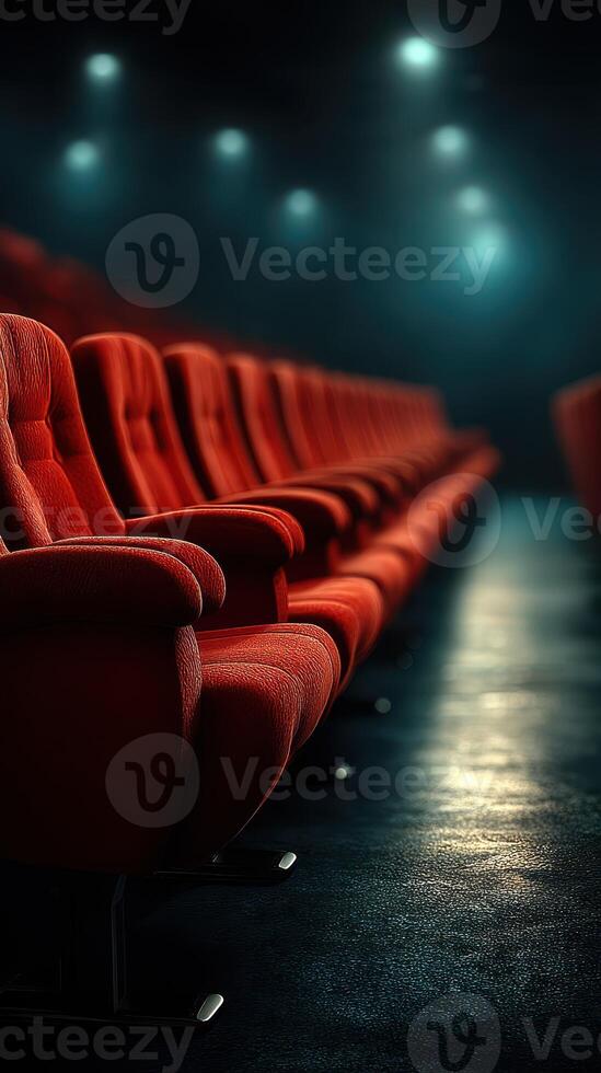 Empty red theater seats create a cozy atmosphere in a dimly lit cinema during an evening showing photo