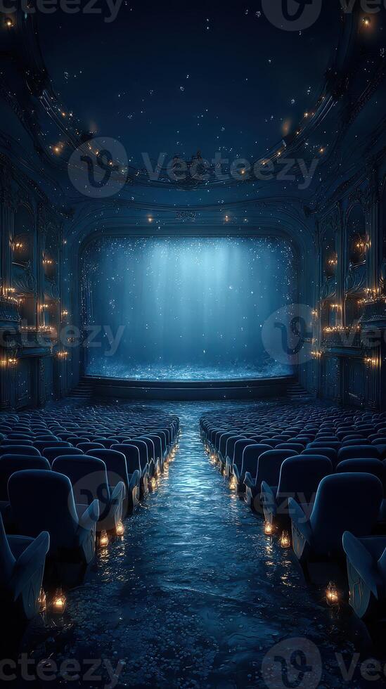 Mystical theater interior with a submerged stage illuminated by soft lights photo
