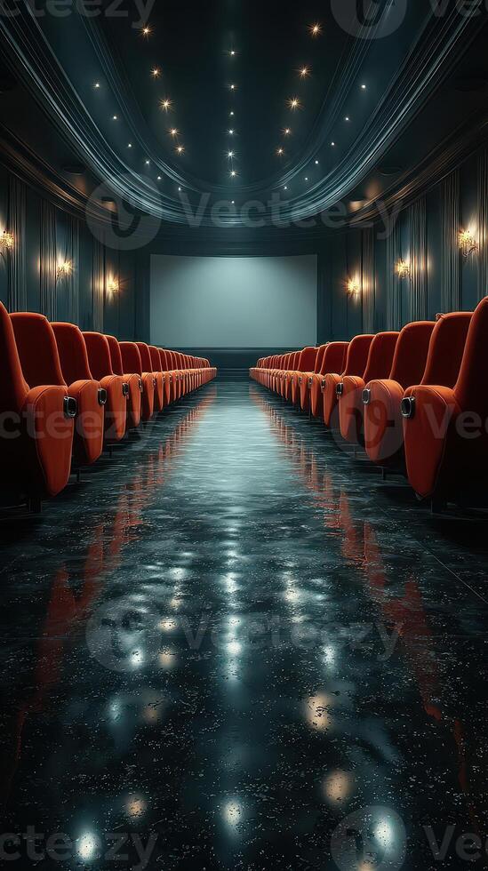 Empty red theater chairs in a dimly lit cinema with a large screen at the front and reflective floor creating a moody atmosphere photo