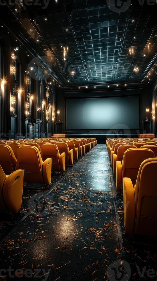 Empty cinema hall with orange seats and scattered leaves in a modern movie theater setting photo