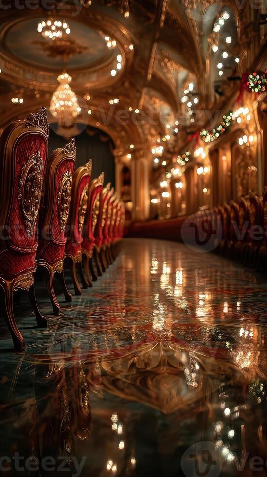 Interior of an elegant theater showcasing ornate chairs and a shimmering floor on a vibrant evening photo