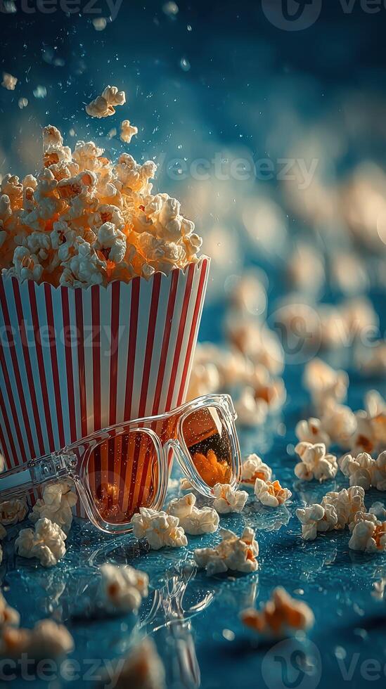 Relaxing with popcorn and stylish glasses during a cinematic experience at home on a cozy evening photo
