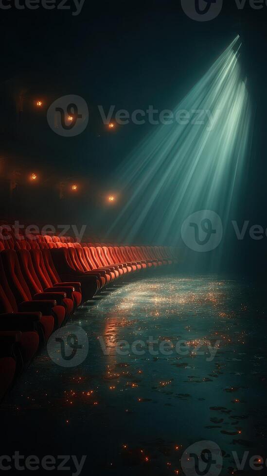 Empty theater with red seats illuminated by beams of light and reflections on the floor during the evening photo