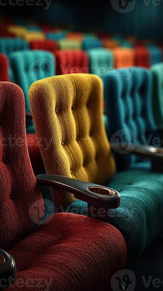 Colorful theater seating arranged in neat rows for an upcoming film screening in a modern cinema photo