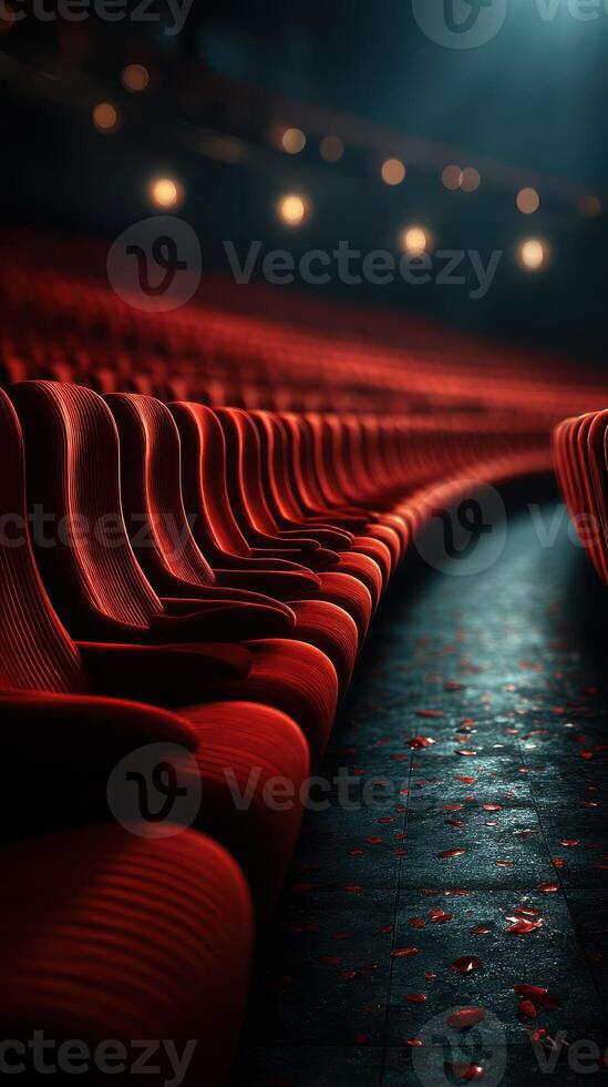 Rows of red seats illuminated in a dimly lit theater with scattered rose petals on the floor photo