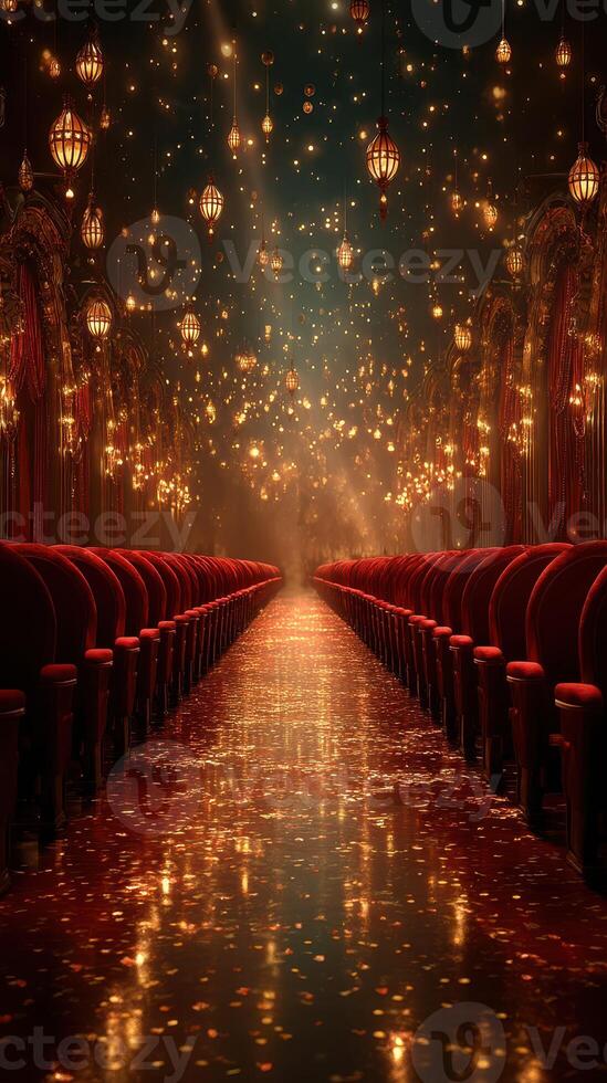 Elegant theater interior lined with red chairs and illuminated by sparkling lights during an evening performance photo