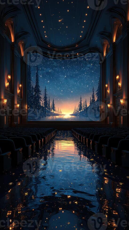 Majestic theater with a reflective floor showcasing a starry night and serene landscape at twilight photo
