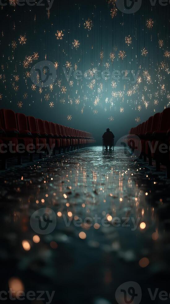 Mysterious ambiance of an empty theater with illuminated stars and reflections at night photo