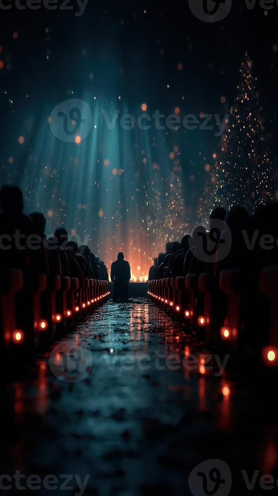 Evening audience gathering in a theater with warm lights and a vibrant atmosphere during a performance photo