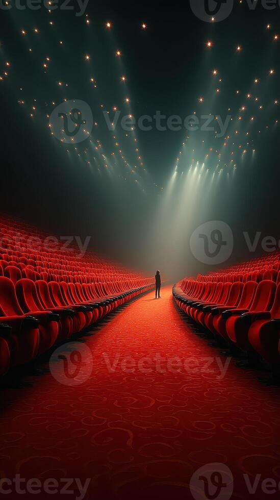 Empty theater with bright lights illuminating red seats and a solitary figure standing in the center photo