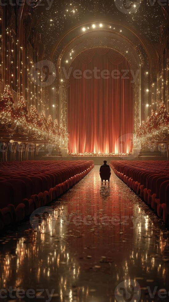 Dramatic theater interior with empty seats and glowing stage curtains in a grand setting at night photo