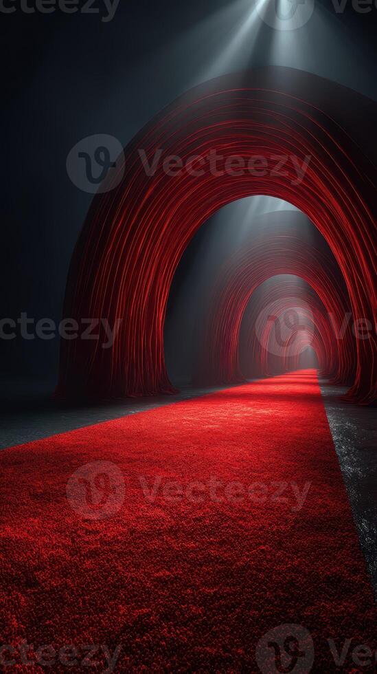 Illuminated red carpet leading through two archways in a dark setting during a gala event photo