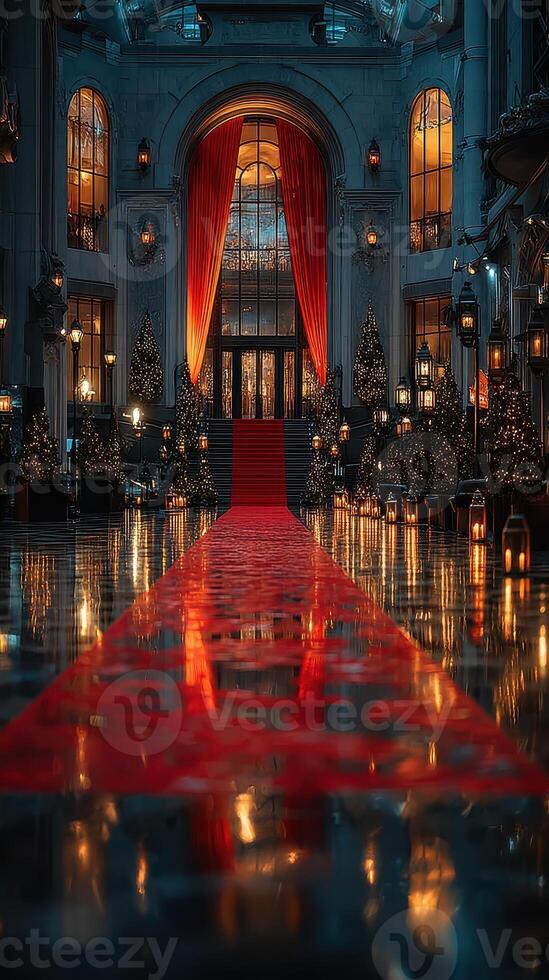 Elegant hallway with red carpet and holiday decorations illuminated in a luxurious setting during evening hours photo