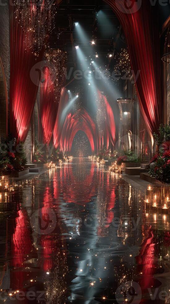 Elegant event venue with reflective floor and warm lighting for a magical experience during a nighttime celebration photo