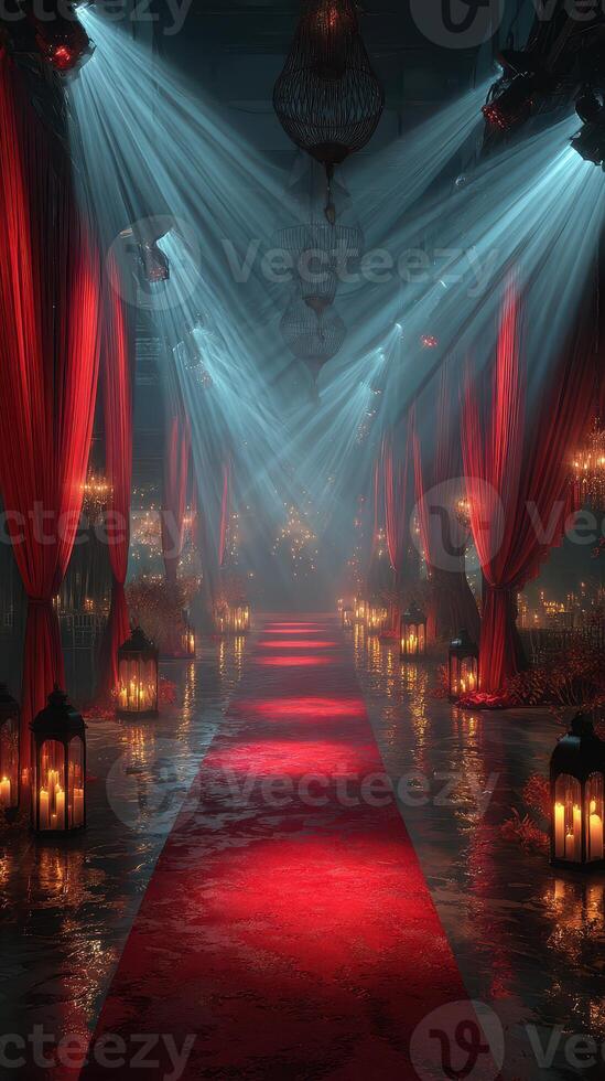 Elegant red carpet reception with dramatic lighting in a glamorous venue setting photo