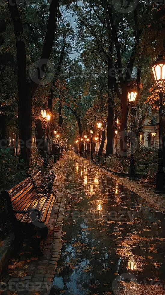 Quiet evening stroll along a rain-soaked pathway illuminated by vintage street lamps photo
