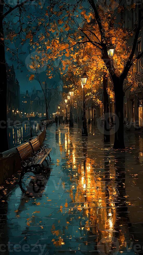 Evening stroll along a wet pathway lined with glowing street lamps and autumn trees in a lively urban setting photo