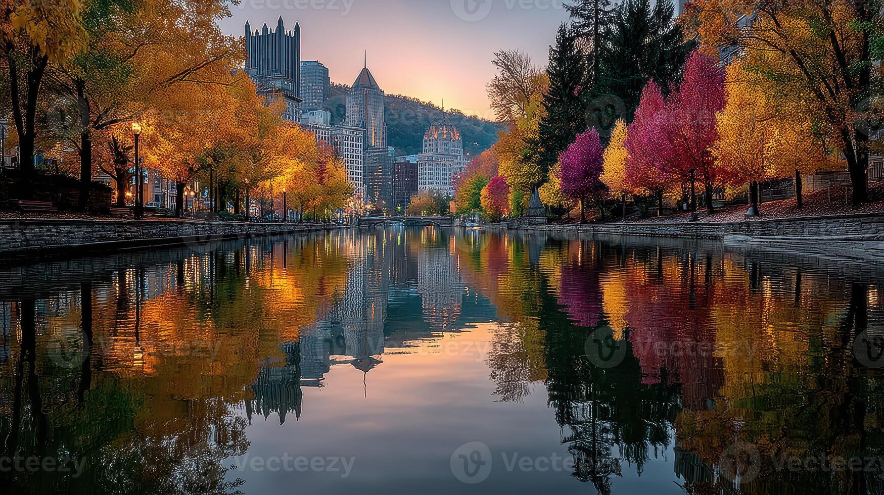 Autumn colors reflecting in the water of a serene park in Pittsburgh during sunset photo