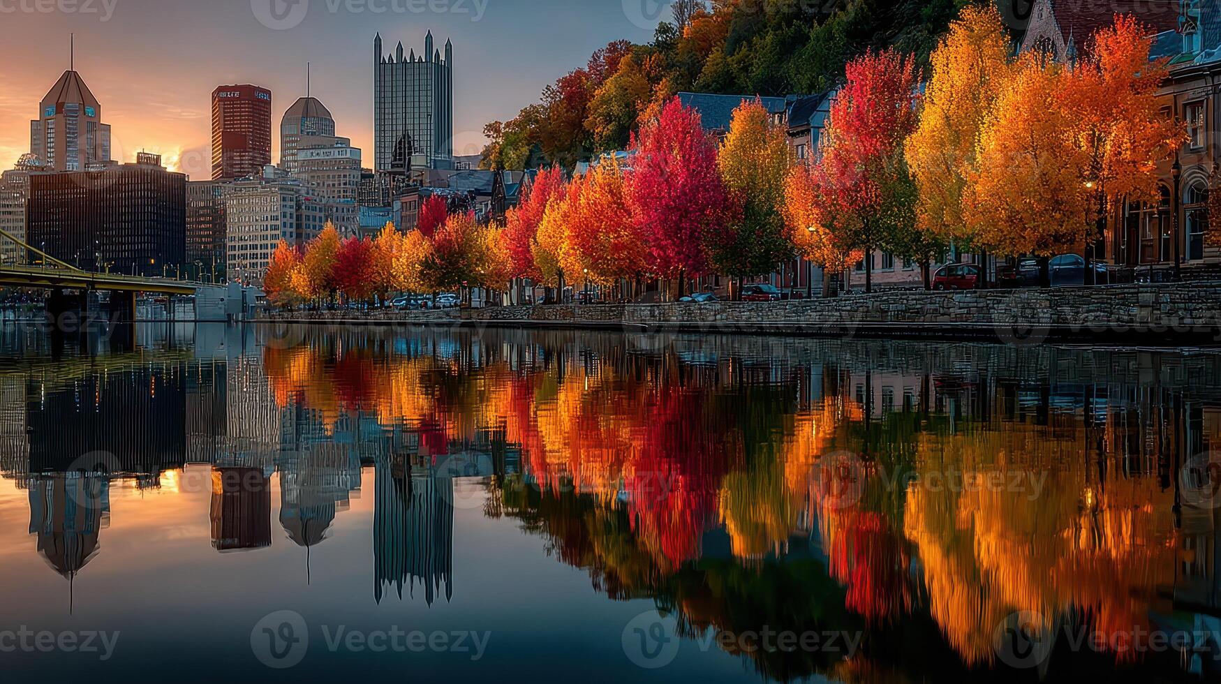 Colorful autumn trees reflecting in calm river near city skyline at sunset in Pittsburgh photo
